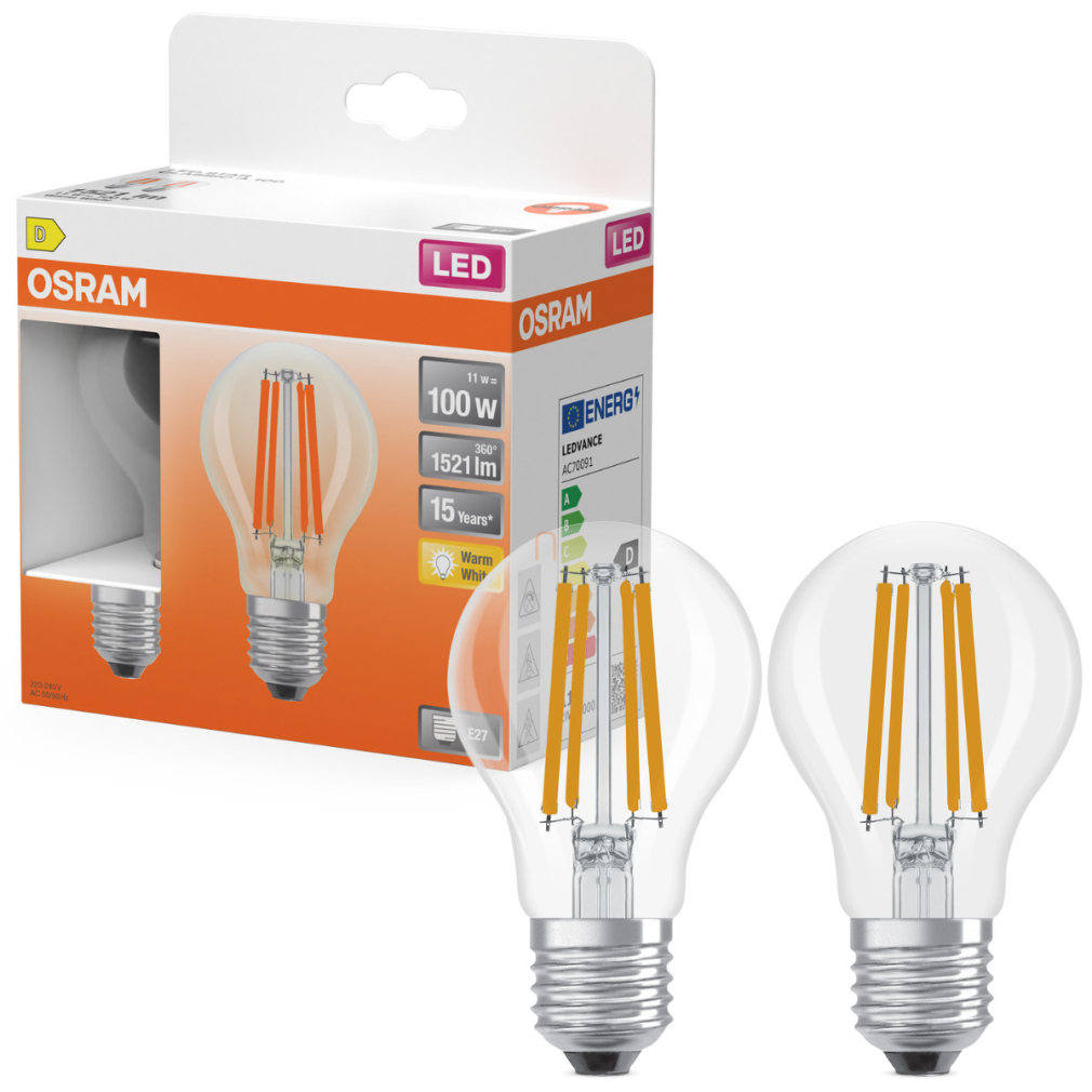 Osram E27 LED 11W, 1521 lm, 2700 K, melegfehér, áttetsző üveg-100 W normál izzó helyett, 2 darabos - Star Classic A filament