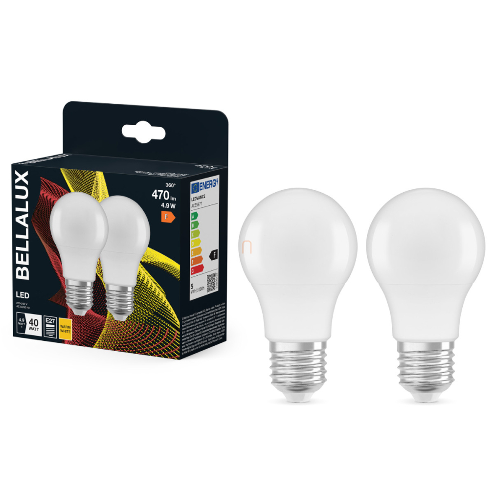 Bellalux E27 LED, 4,9W, 470 lm, 2700 K, melegfehér, opál műanyag-40 W normál izzó helyett, 2 darabos - Classic A 