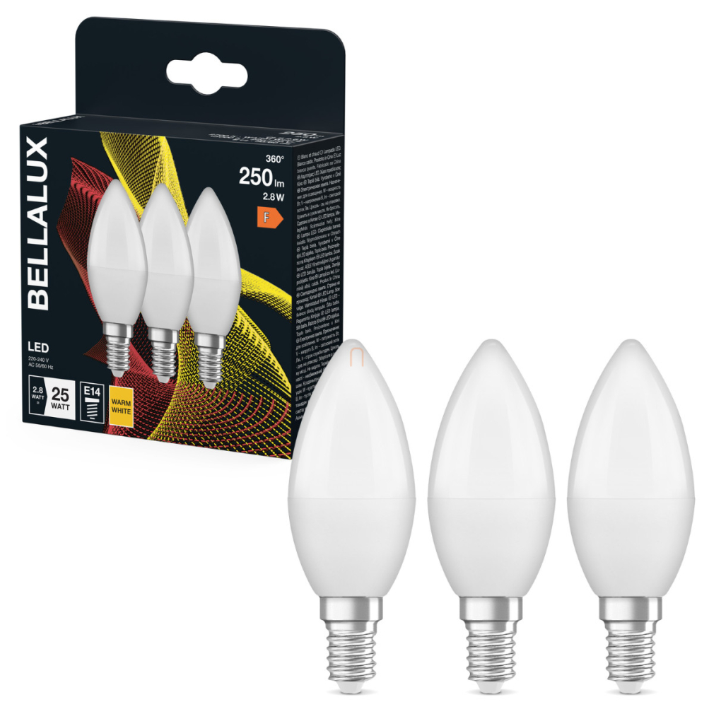 Bellalux E14 LED gyertya, 2,8W, 250 lm, 2700 K, melegfehér, opál műanyag-25 W izzó helyett, 3 darabos - Classic B