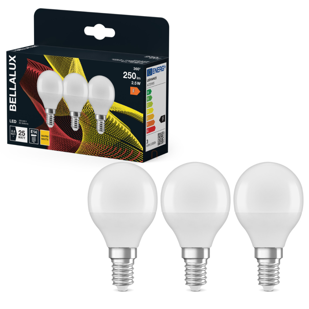 Bellalux E14 LED kisgömb, 2,5W, 250 lm, 2700 K, melegfehér, opál műanyag-25 W izzó helyett, 3 darabos - Classic P