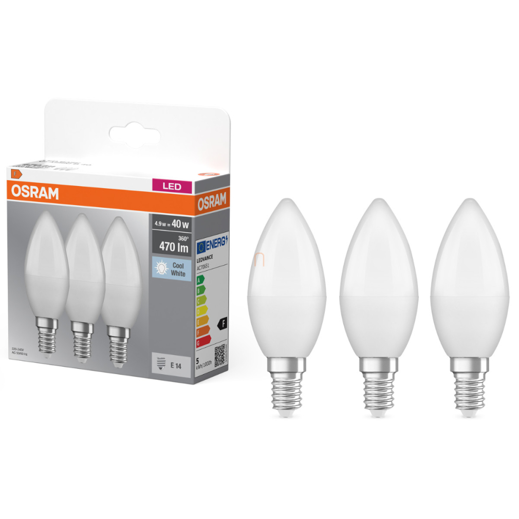Osram E14 LED gyertya, 4,9W, 470 lm, 4000 K, hidegfehér, opál műanyag-40 W izzó helyett, 3 darabos - Base Classic B