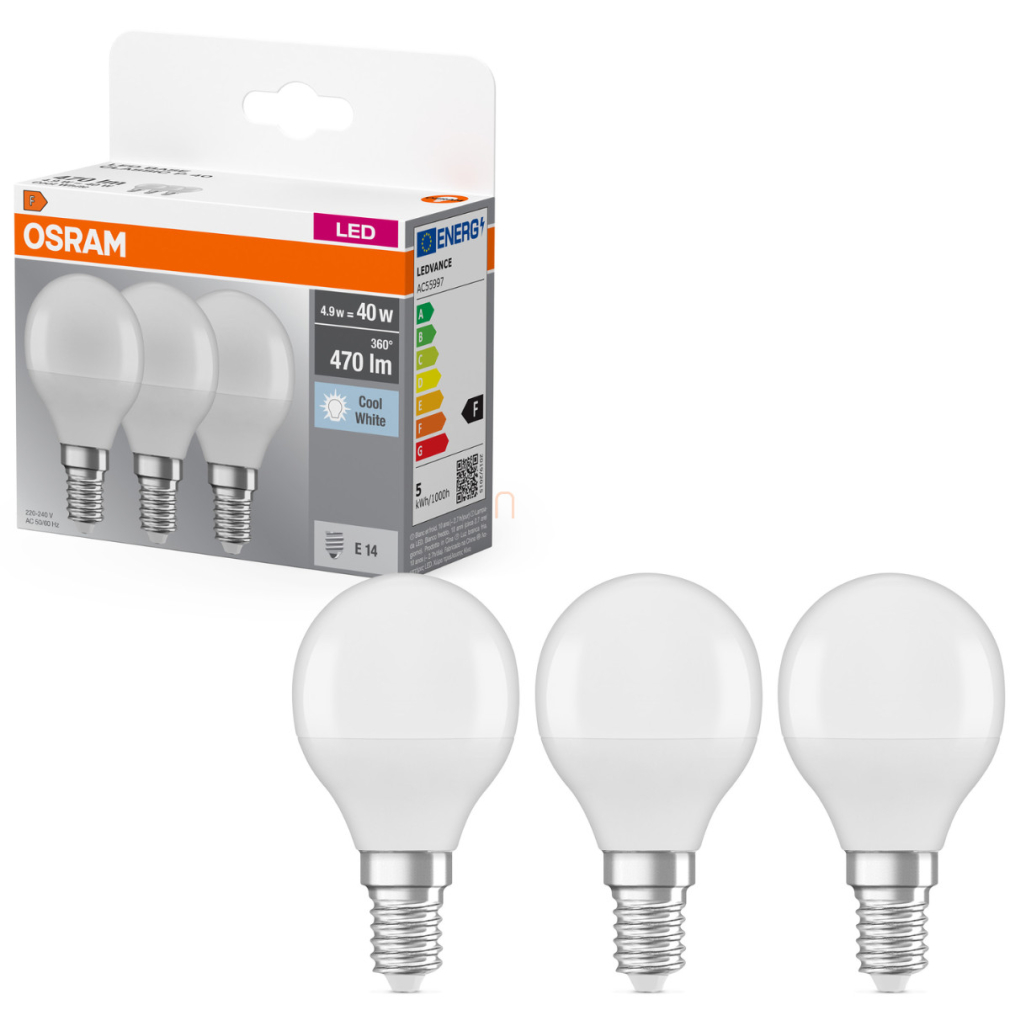 Osram E14 LED kisgömb, 4,9W, 470 lm, 4000 K, hidegfehér, opál műanyag-40 W izzó helyett, 3 darabos - Base Classic P