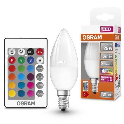 Osram E14 RGBW LED Star+ gyertya 4,2W 250lm 2700K melegfehér 200° - 25W izzó helyett, távirányítóval