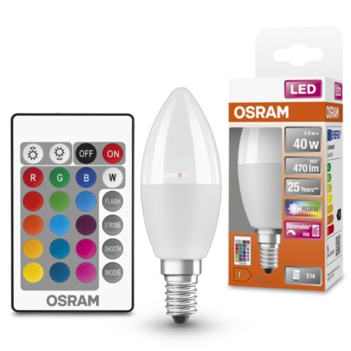 Osram E14 RGBW LED Star+ gyertya 4,9W 470lm 2700K melegfehér 200° - 40W izzó helyett, távirányítóval