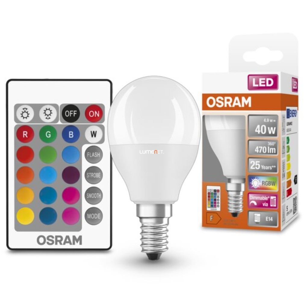 Osram E14 RGBW LED Star+ kisgömb 4,9W 470lm 2700K melegfehér 200° - 40W izzó helyett, távirányítóval