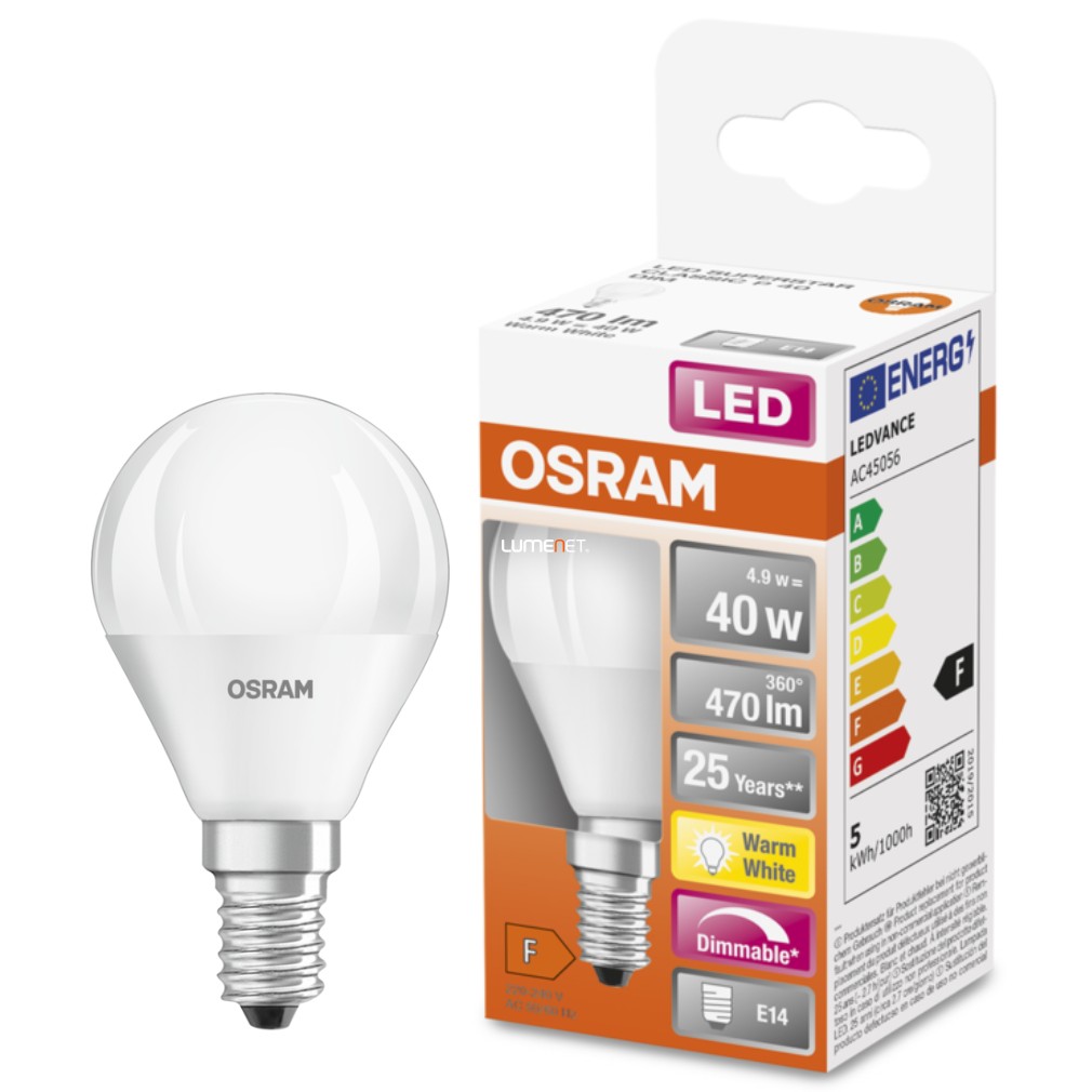 Osram E14 LED SStar kisgömb 4,9W 470lm 2700K melegfehér, szabályozható 240° - 40W izzó helyett