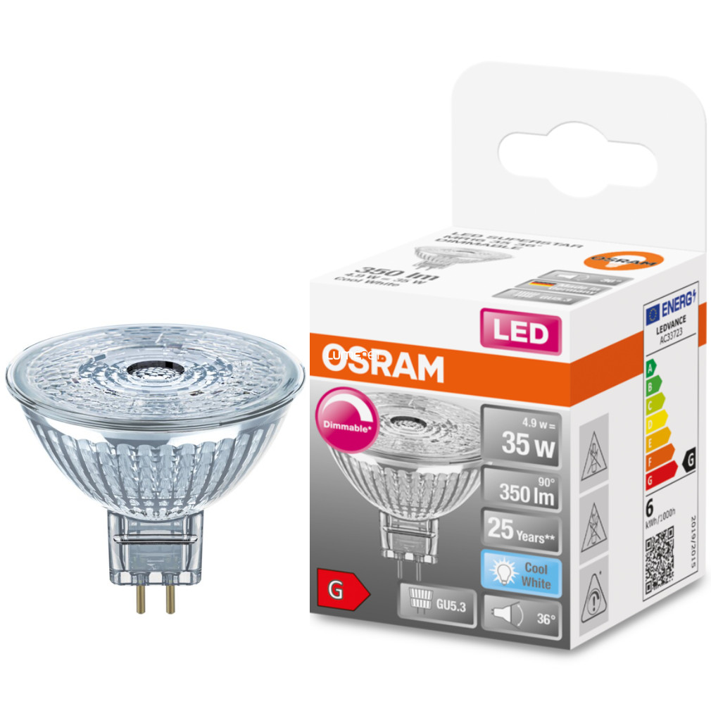Osram GU5,3 12V LED SStar 4,9W 350lm 4000K hidegfehér, szabályozható 36° - 35W izzó helyett