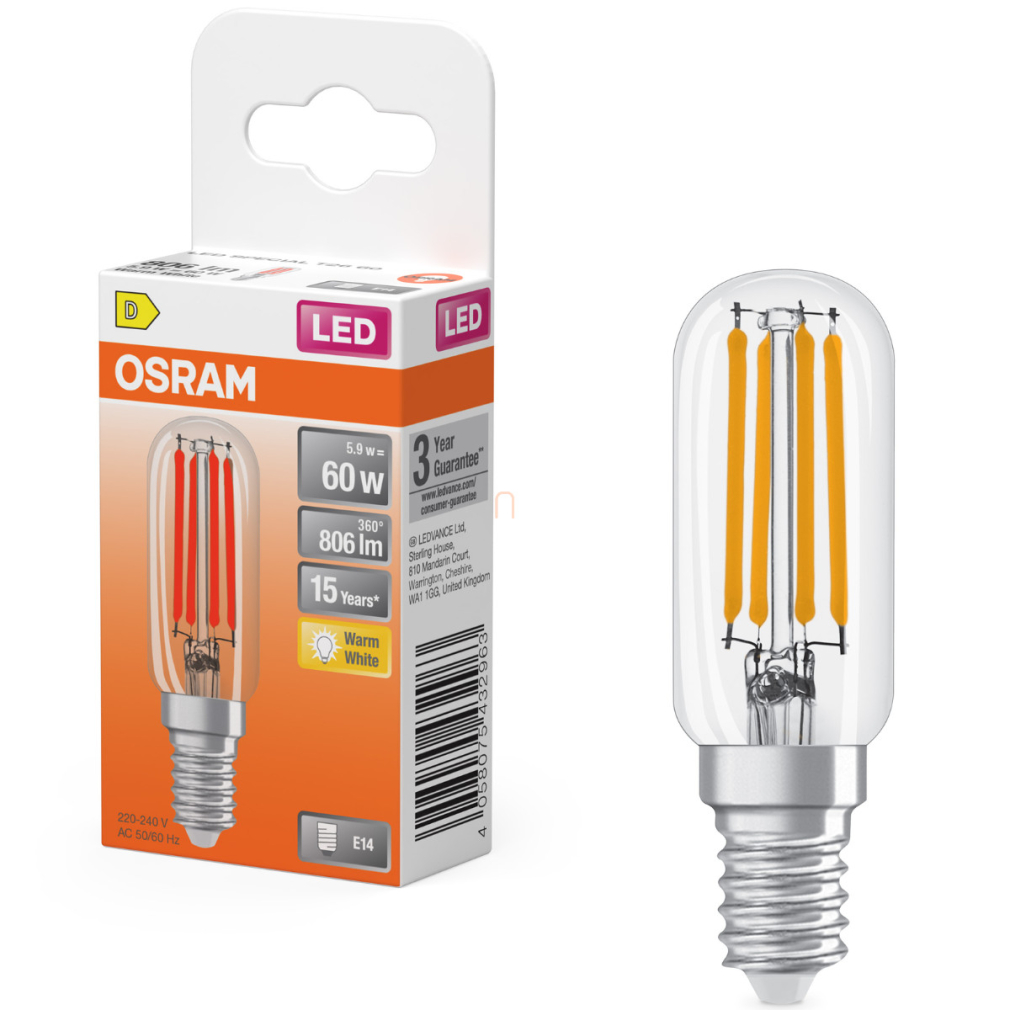 Osram E14 LED 5,9W, 806 lm, 2700 K, melegfehér, áttetsző üveg-60 W izzó helyett - Special T26 filament