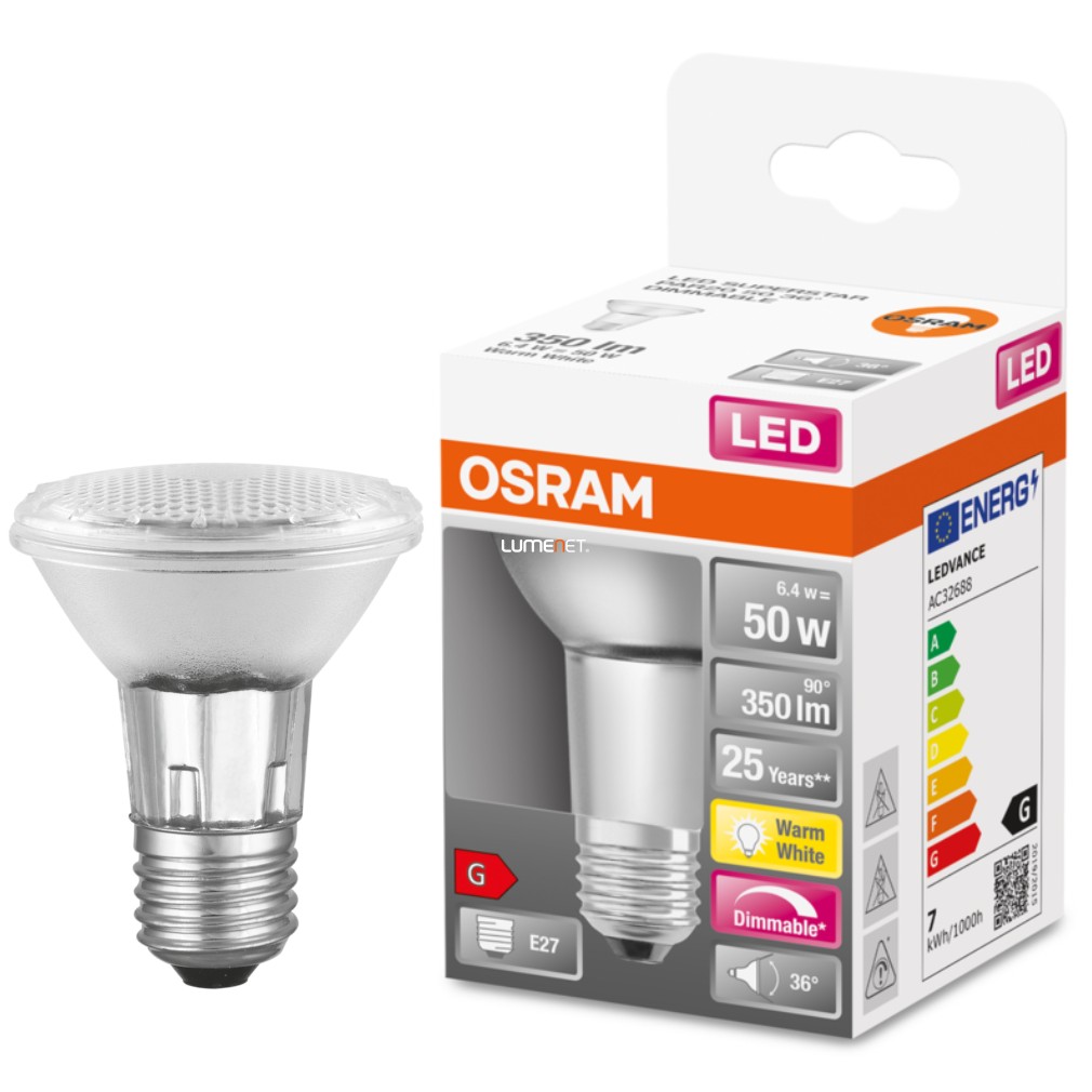 Osram E27 PAR20 LED SStar 5W 345lm 2700K melegfehér, szabályozható 36° - 50W izzó helyett
