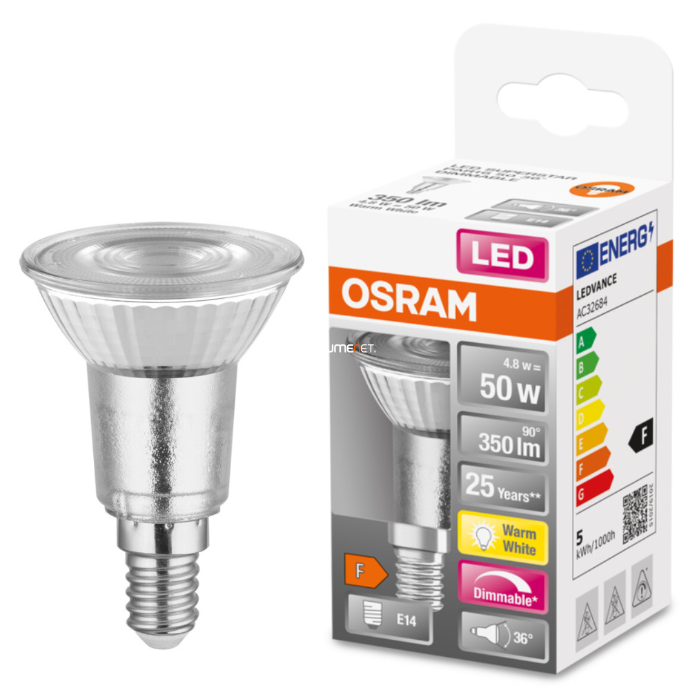 Osram E14 PAR16 LED SStar 4,8W 350lm 2700K melegfehér, szabályozható 36° - 50W izzó helyett