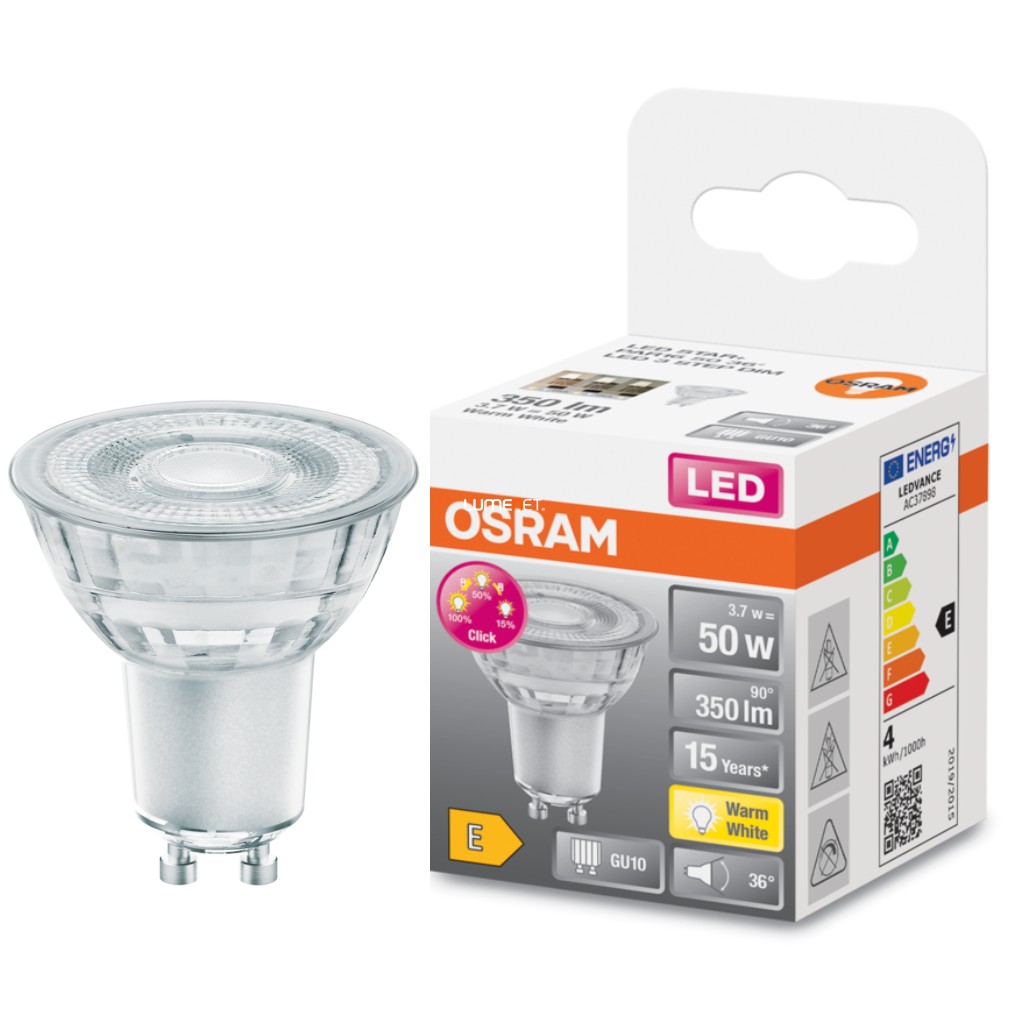 Osram GU10 LED Star+ 3,7W 350lm 2700K melegfehér, szabályozható 36° 0 - 50W izzó helyett