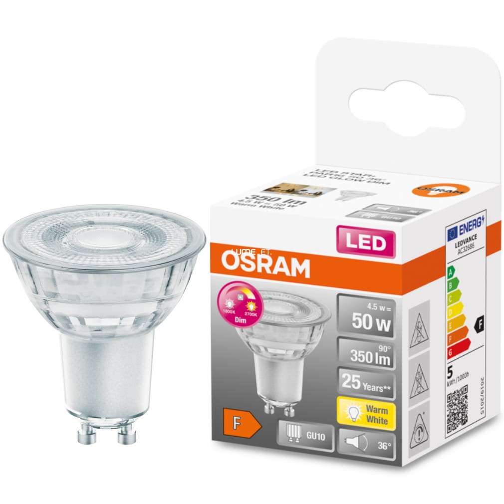Osram GU10 LED Star+ 4,5W 350lm 2700K melegfehér, szabályozható 36° - 50W izzó helyett