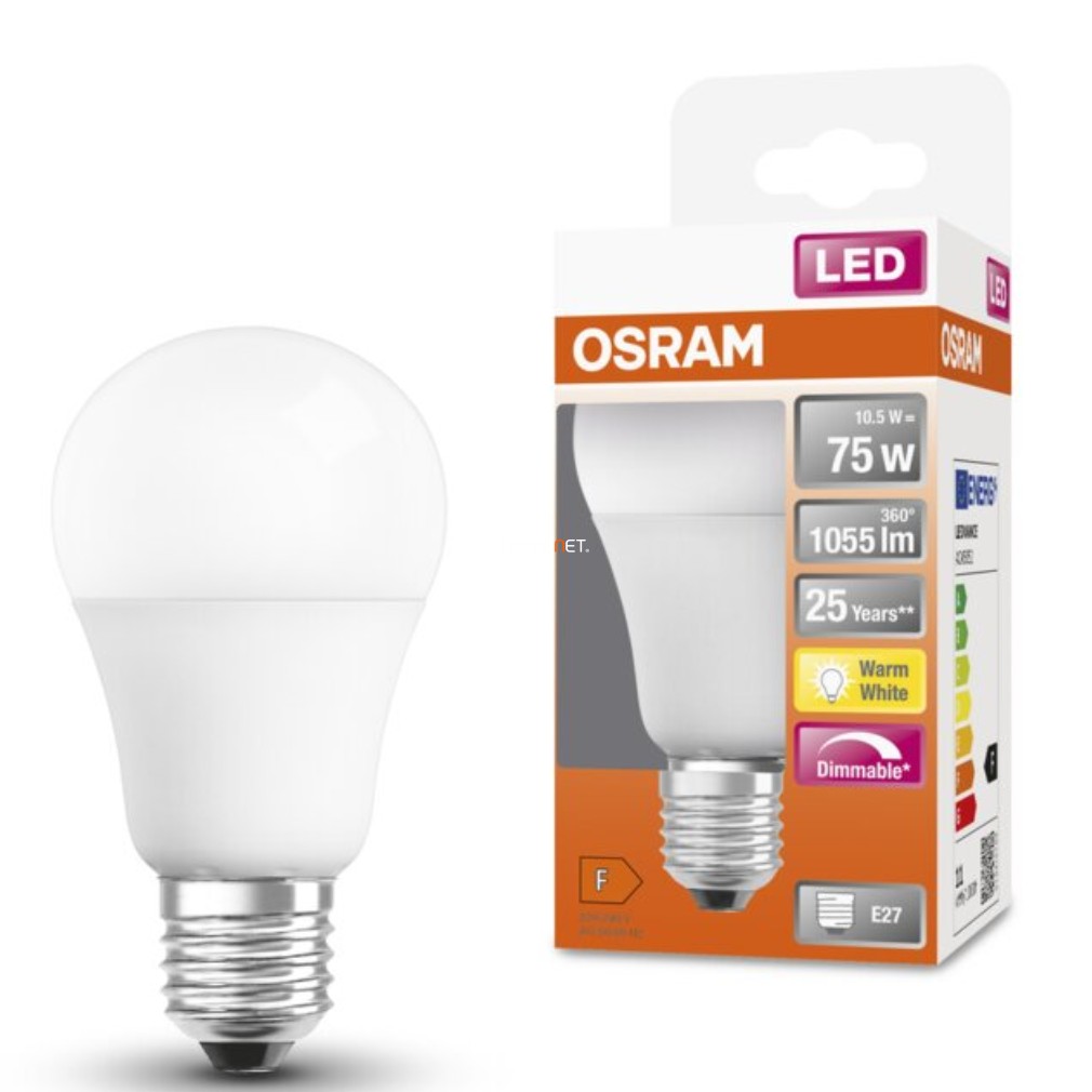 Osram E27 LED SStar 10,5W 1055lm 2700K melegfehér, szabályozható 220° - 75W izzó helyett
