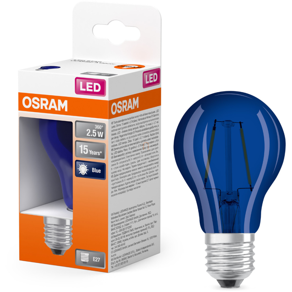 Osram E27 LED 2,5W, 10 lm, 9000 K, kék üveg-5 W normál izzó helyett - Star Classic A filament