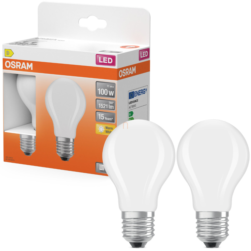 Osram E27 LED 11W, 1521 lm, 2700 K, melegfehér, opál üveg-100 W normál izzó helyett, 2 darabos - Star Classic A