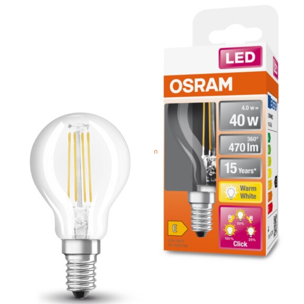 Osram E14 LED Star+ kisgömb 4W 470lm 2700K melegfehér, szabályozható 320° - 40W izzó helyett