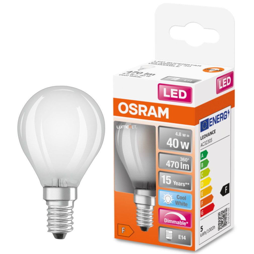 Osram E14 LED SStar kisgömb 4,8W 470lm 4000K hidegfehér, szabályozható 320° opál - 40W izzó helyett