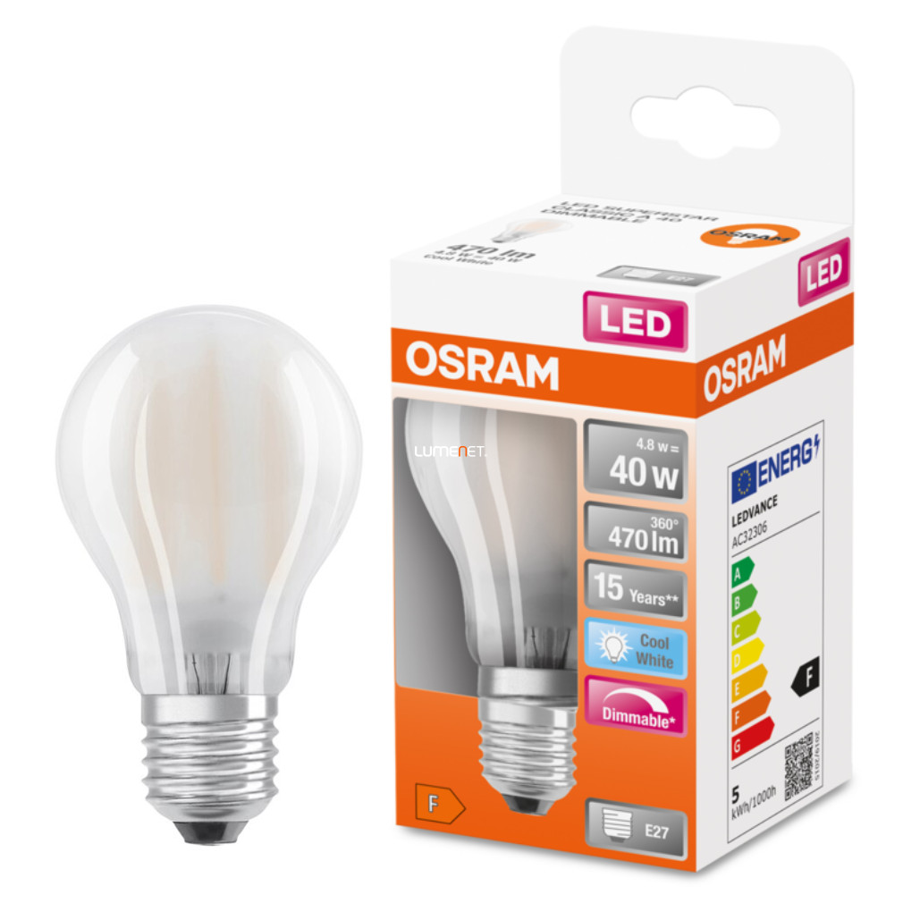 Osram E27 LED SStar 4,8W 470lm 4000K hidegfehér, szabályozható 320° - 40W izzó helyett