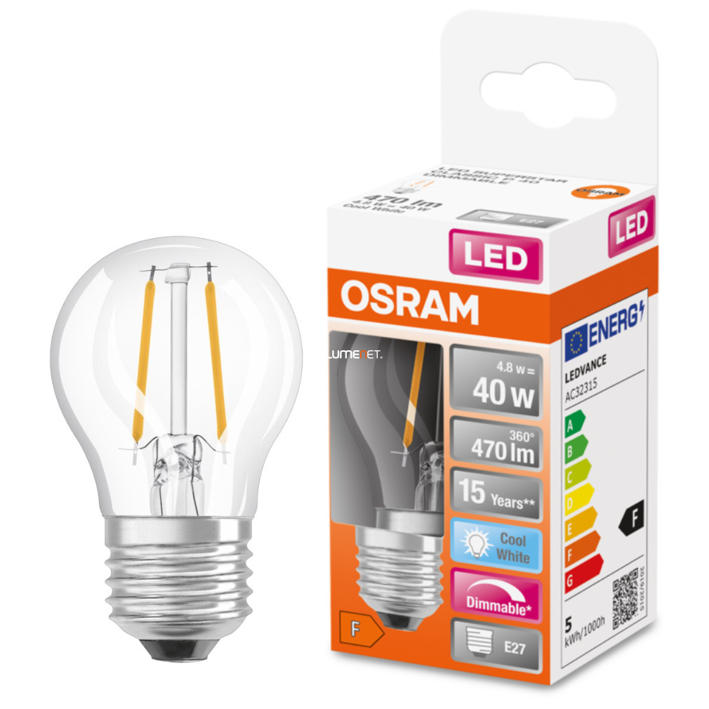 Osram E27 LED SStar kisgömb 5W 470lm 4000K hidegfehér, szabályozható 320° - 40W izzó helyett