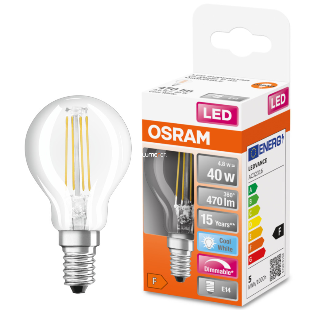 Osram E14 LED SStar kisgömb 4,8W 470lm 4000K hidegfehér, szabályozható 320° - 40W izzó helyett