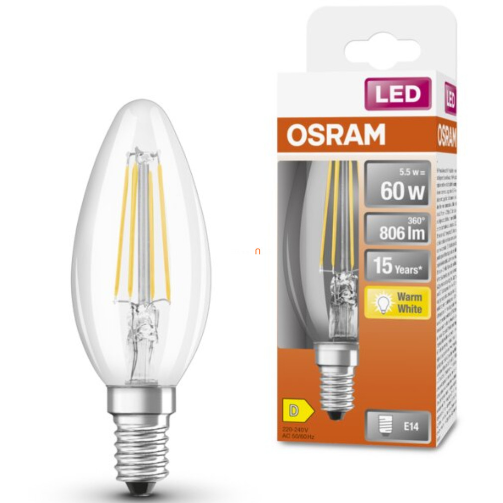 Osram E14 LED Star gyertya 5,5W 806lm 2700K melegfehér 300° - 60W izzó ...