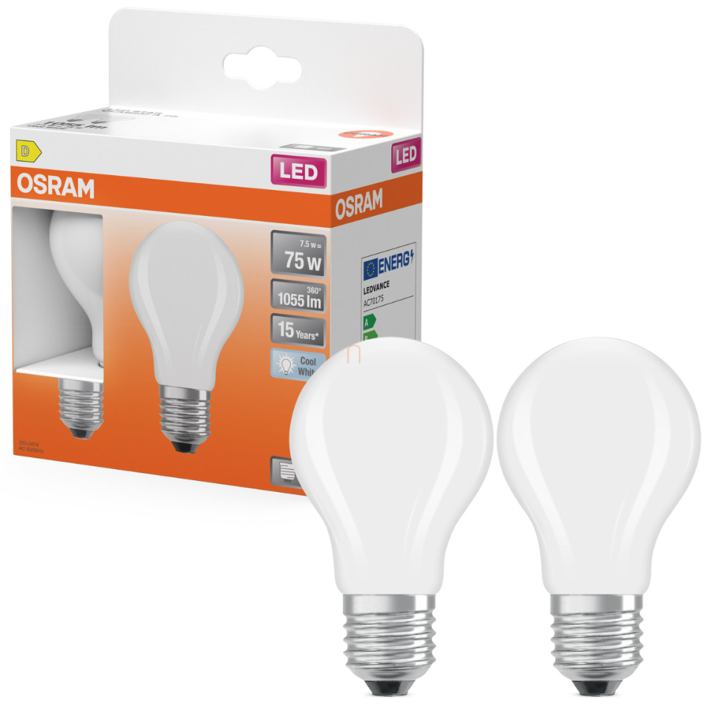 Osram E27 LED 7,5W, 1055 lm, 4000 K, hidegfehér, opál üveg-75 W normál izzó helyett, 2 darabos - Star Classic A