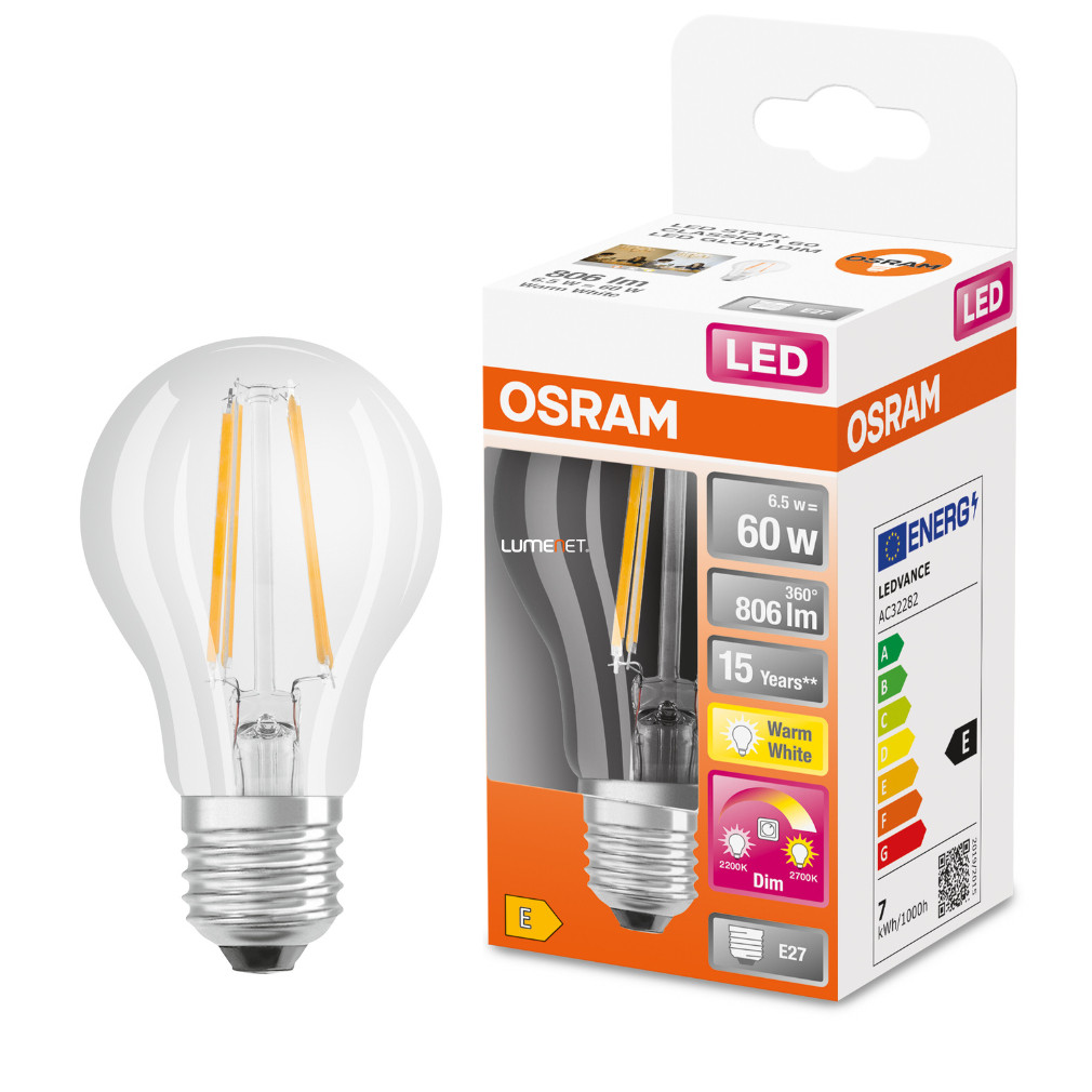 Osram Led Star+ A E27 LED 6,5W 806lm GlowDim 2200-2700K szabályozható - 60W izzó helyett