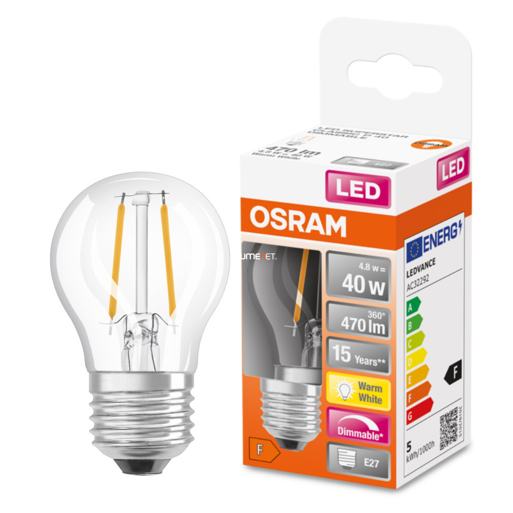 Osram E27 LED SStar kisgömb 4,8W 470lm 2700K melegfehér, szabályozható 320° víztiszta - 40W izzó helyett