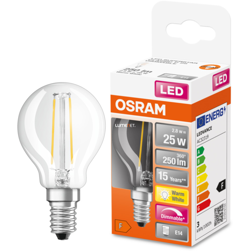 Osram E14 LED SStar kisgömb 2,8W 250lm 2700K melegfehér, szabályozható 320° - 25W izzó helyett