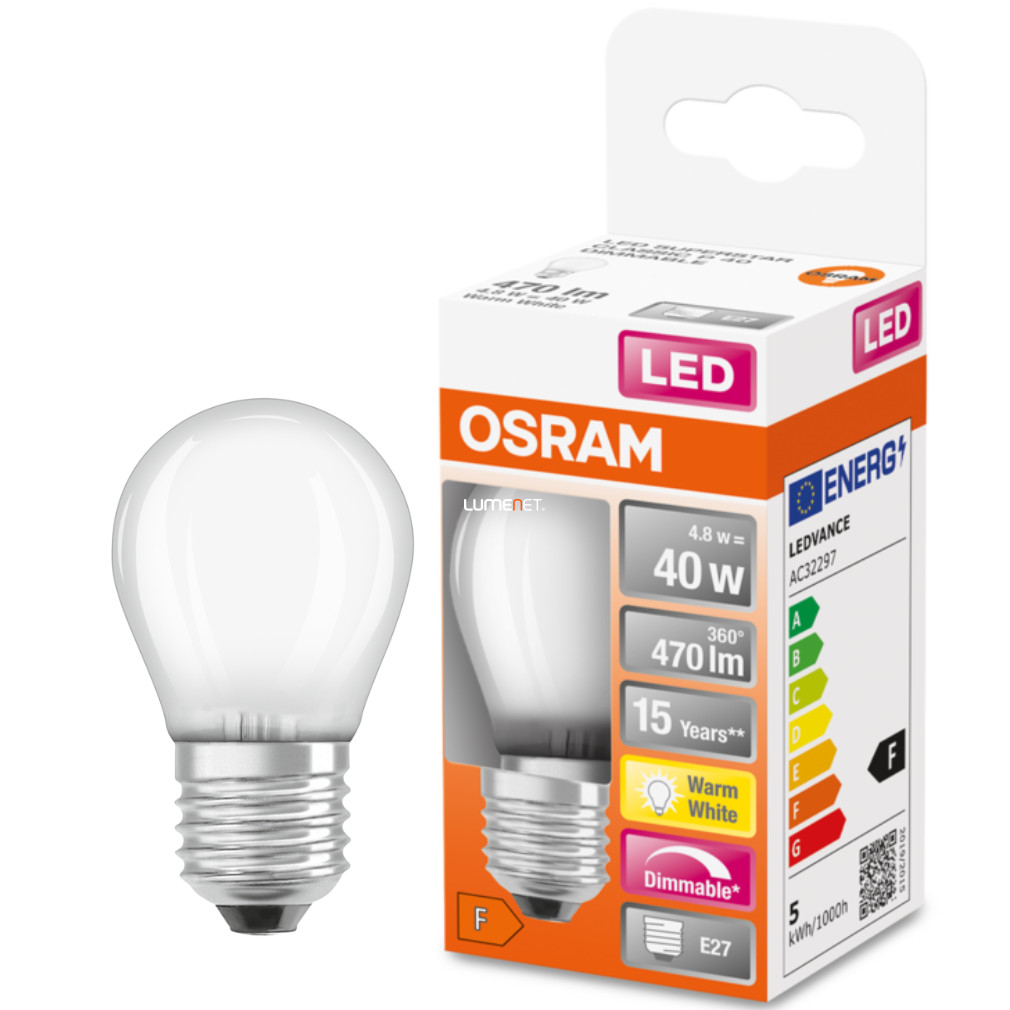 Osram E27 LED SStar kisgömb 4,8W 470lm 2700K melegfehér, szabályozható 320° opál - 40W izzó helyett