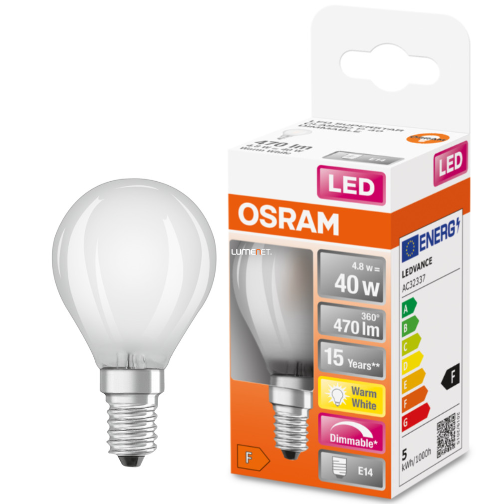 Osram E14 LED SStar kisgömb 4,8W 470lm 2700K melegfehér, szabályozható 320° - 40W izzó helyett