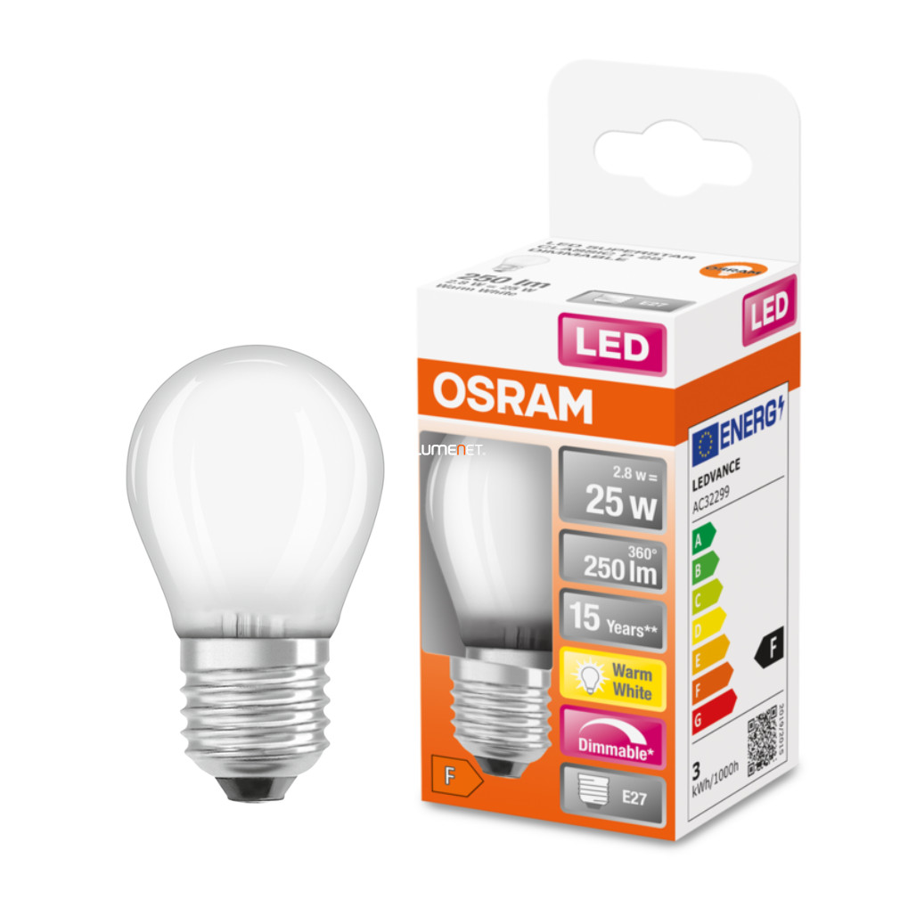Osram E27 LED SStar kisgömb 2,8W 250lm 2700K melegfehér, szabályozható 320° opál - 25W izzó helyett
