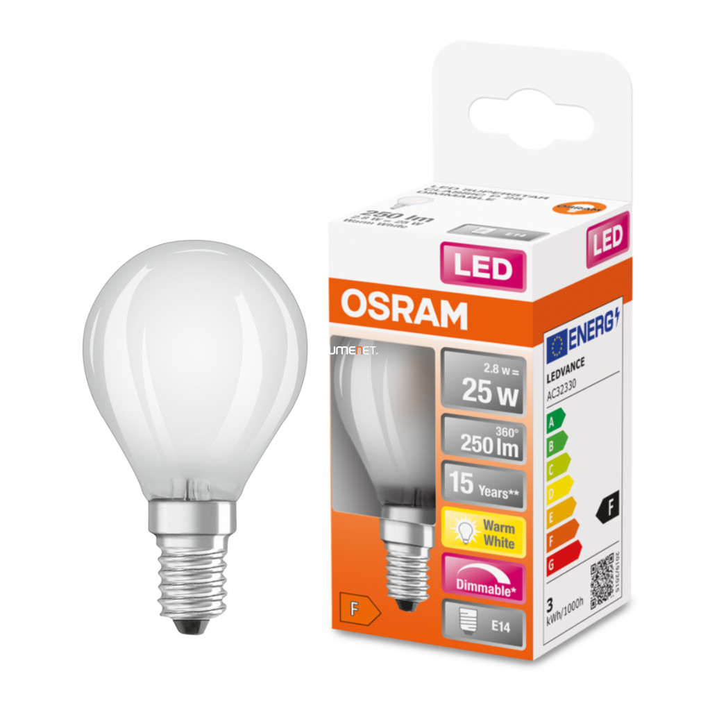 Osram E14 LED SStar kisgömb 2,8W 250lm 2700K melegfehér, szabályozható 320° opál - 25W izzó helyett