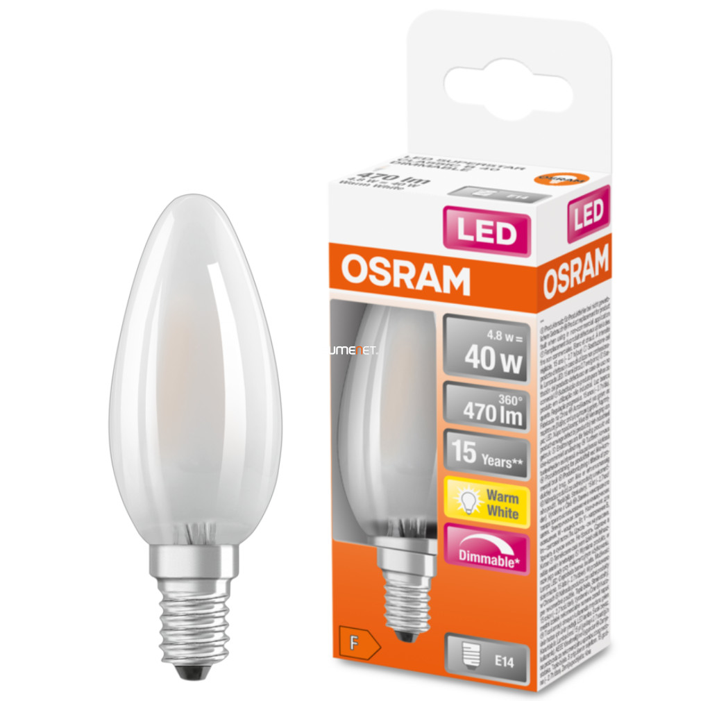 Osram E14 LED SStar gyertya 4,8W 470lm 2700K melegfehér, szabályozható 300° opál - 40W izzó helyett