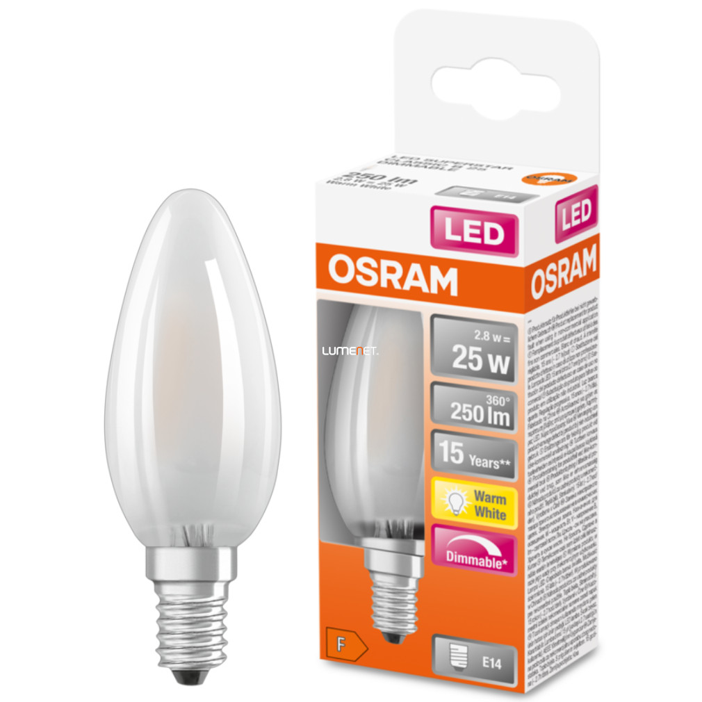 Osram E14 LED SStar gyertya 2,8W 250lm 2700K melegfehér, szabályozható 300° opál - 25W izzó helyett