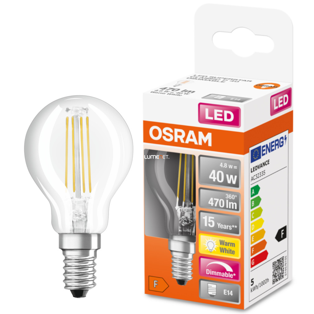 Osram E14 LED SStar kisgömb 5W 470lm 2700K melegfehér, szabályozható 320° - 40W izzó helyett
