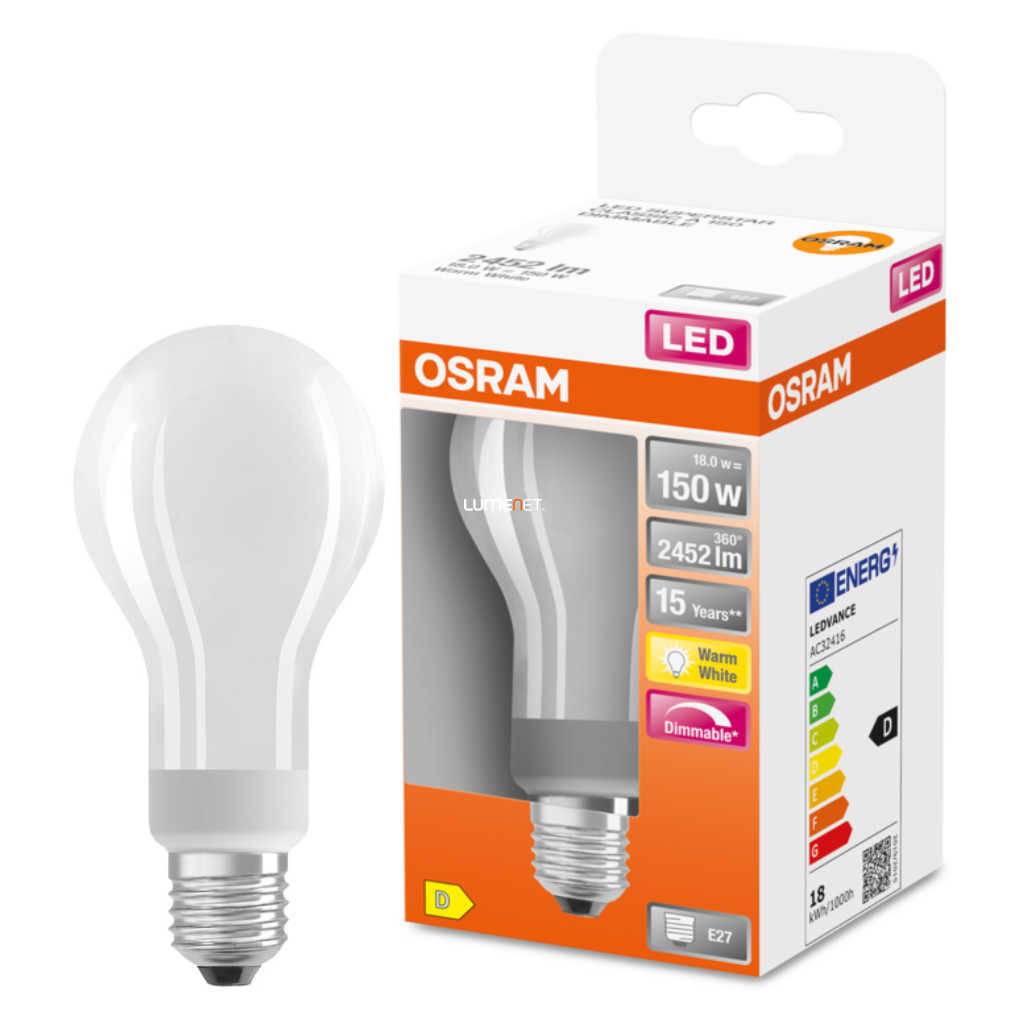 Osram E27 LED SStar 18W 2452lm 2700K melegfehér, szabályozható 330° - 150W izzó helyett