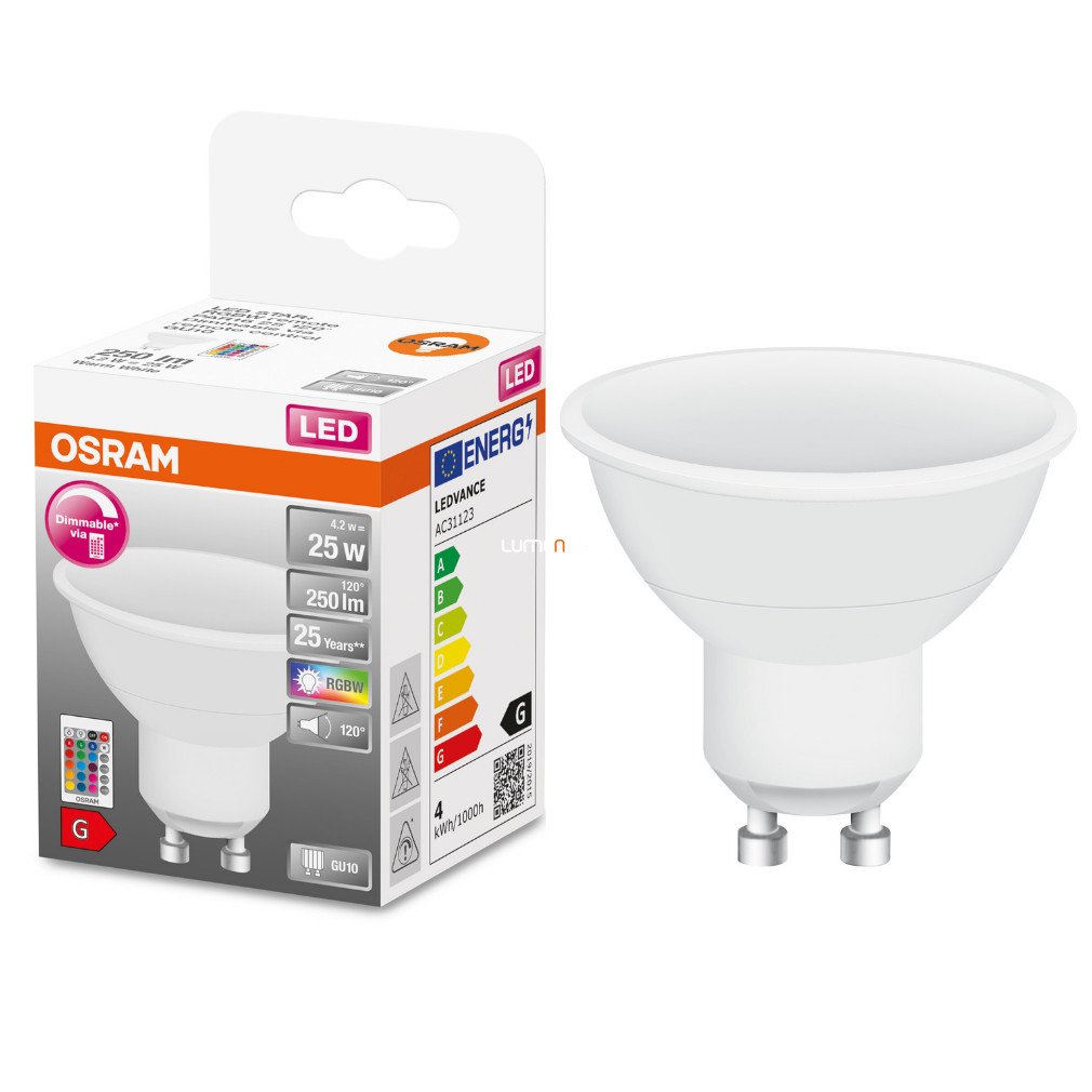 Osram GU10 LED Star+ 4,2W 250lm RGBW, telecomandă 120° - înlocuiește becul de 25W