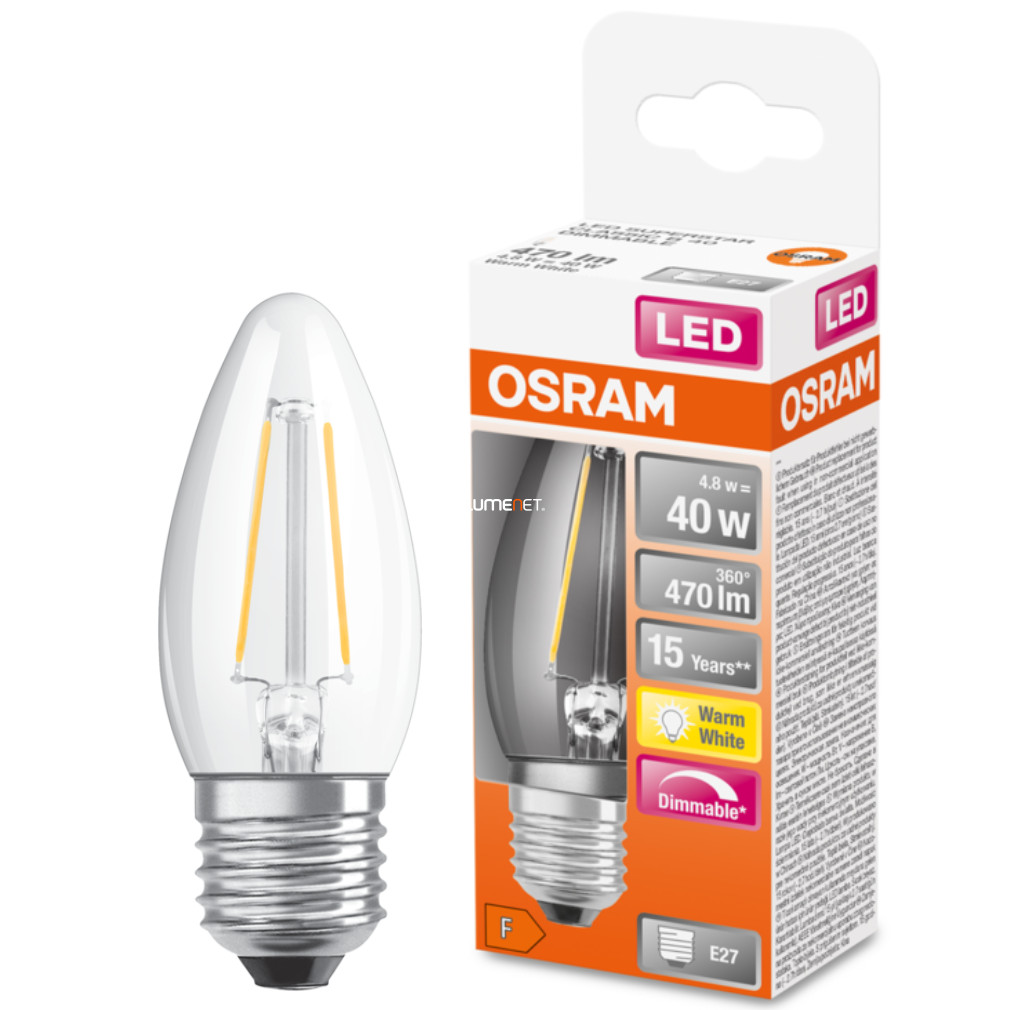 Osram E27 LED SStar gyertya 4,8W 470lm 2700K melegfehér, szabályozható 300° - 40W izzó helyett
