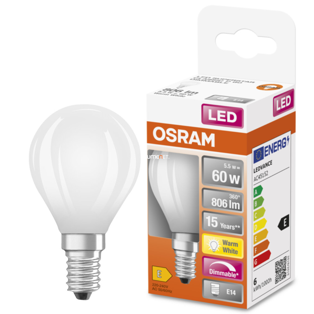 Osram E14 LED SStar kisgömb 6,5W 806lm 2700K melegfehér, szabályozható 320° opál - 60W izzó helyett