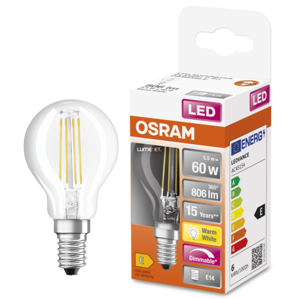 Osram E14 LED SStar kisgömb 6,5W 806lm 2700K melegfehér, szabályozható 320° - 60W izzó helyett