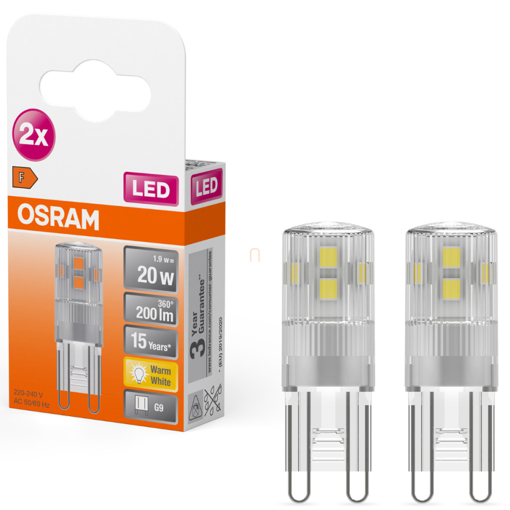Osram G9 LED 1,9W, 200 lm, 2700 K, melegfehér, alumínium, műanyag-20 W izzó helyett, 2 darabos - Special Pin Clear