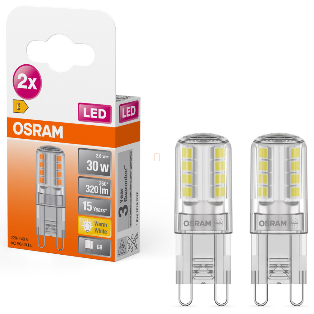 Osram G9 LED 2,6W, 320 lm, 2700 K, melegfehér, alumínium, műanyag-30 W izzó helyett, 2 darabos - Special Pin Clear