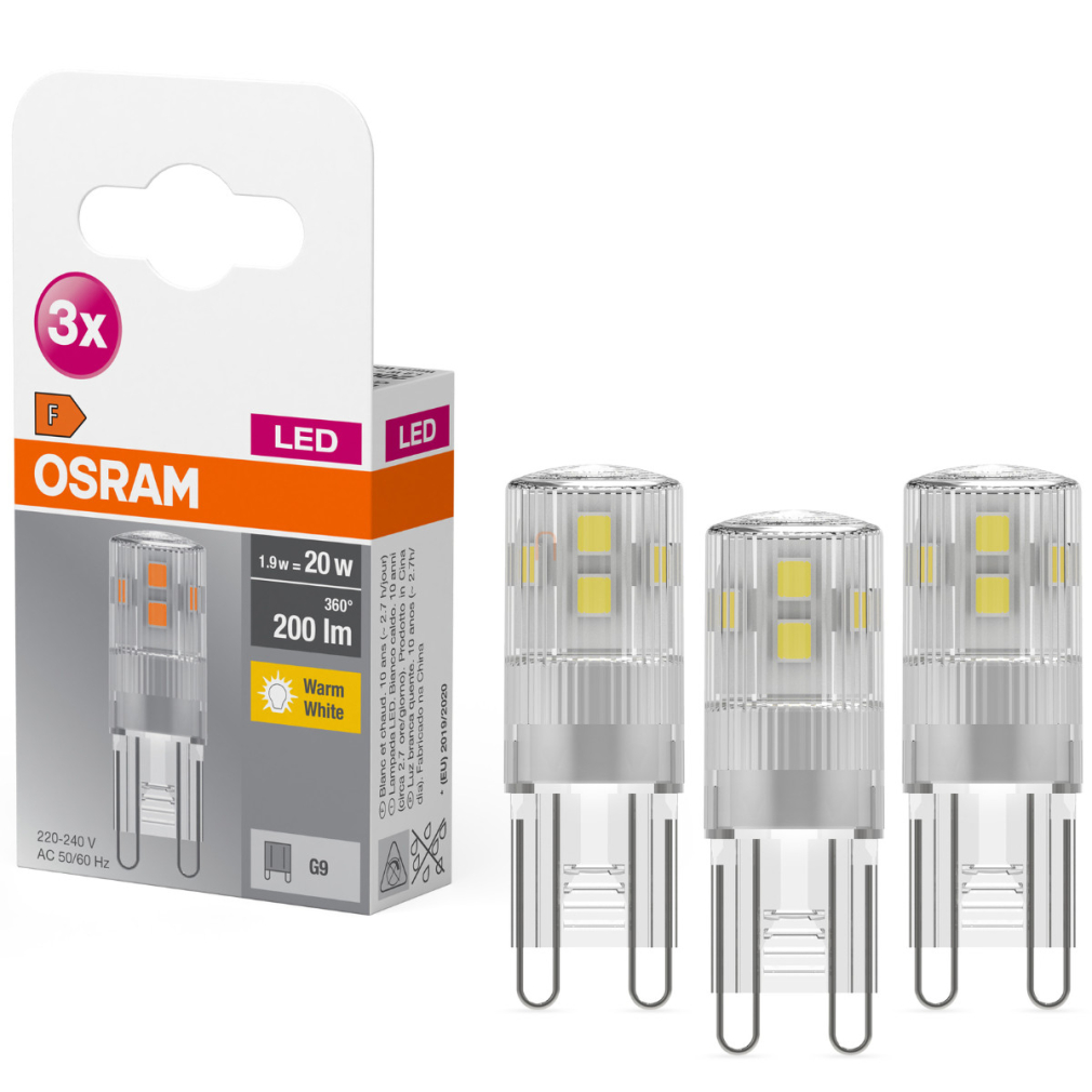 Osram G9 LED 1,9W, 200 lm, 2700 K, melegfehér, alumínium, műanyag-20 W izzó helyett, 3 darabos - Base Special Pin Clear