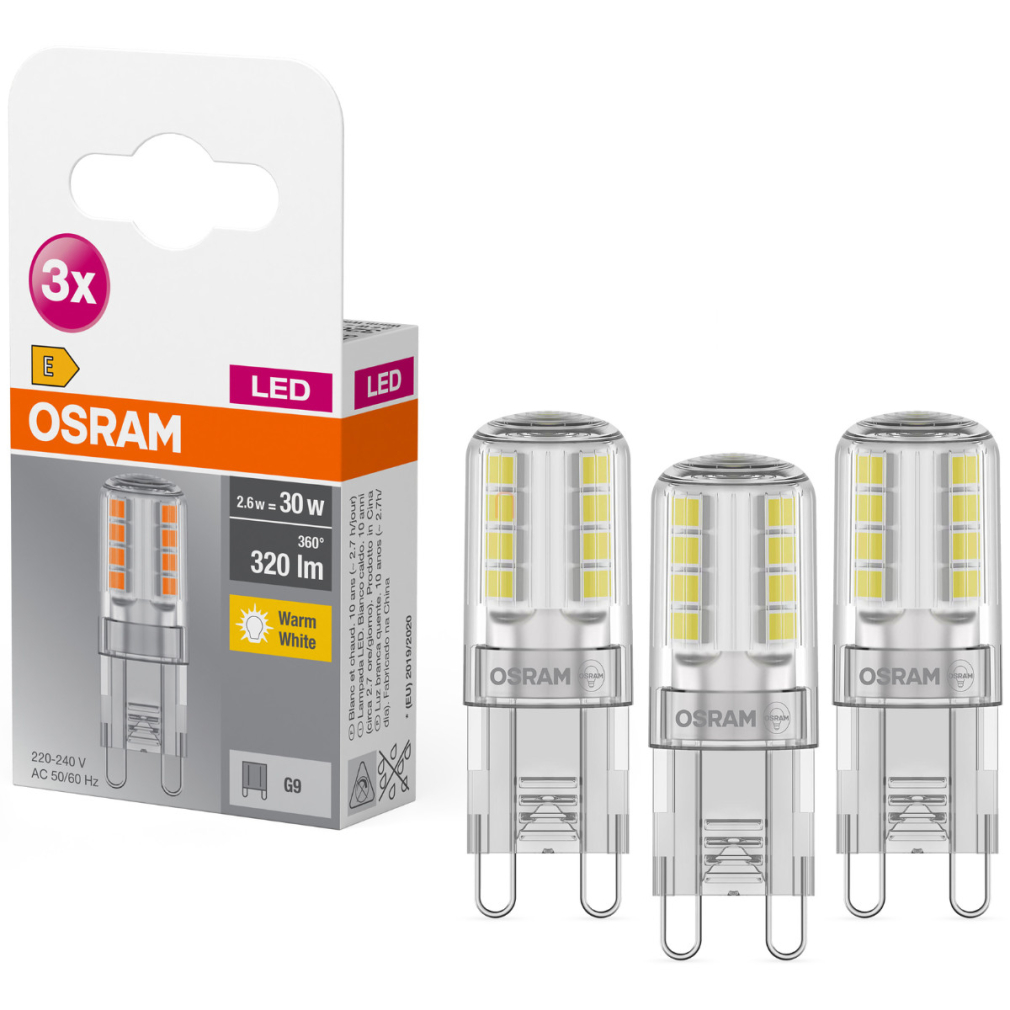 Osram G9 LED 2,6W, 320 lm, 2700 K, melegfehér, alumínium, műanyag-30 W izzó helyett, 3 darabos - Base Special Pin Clear