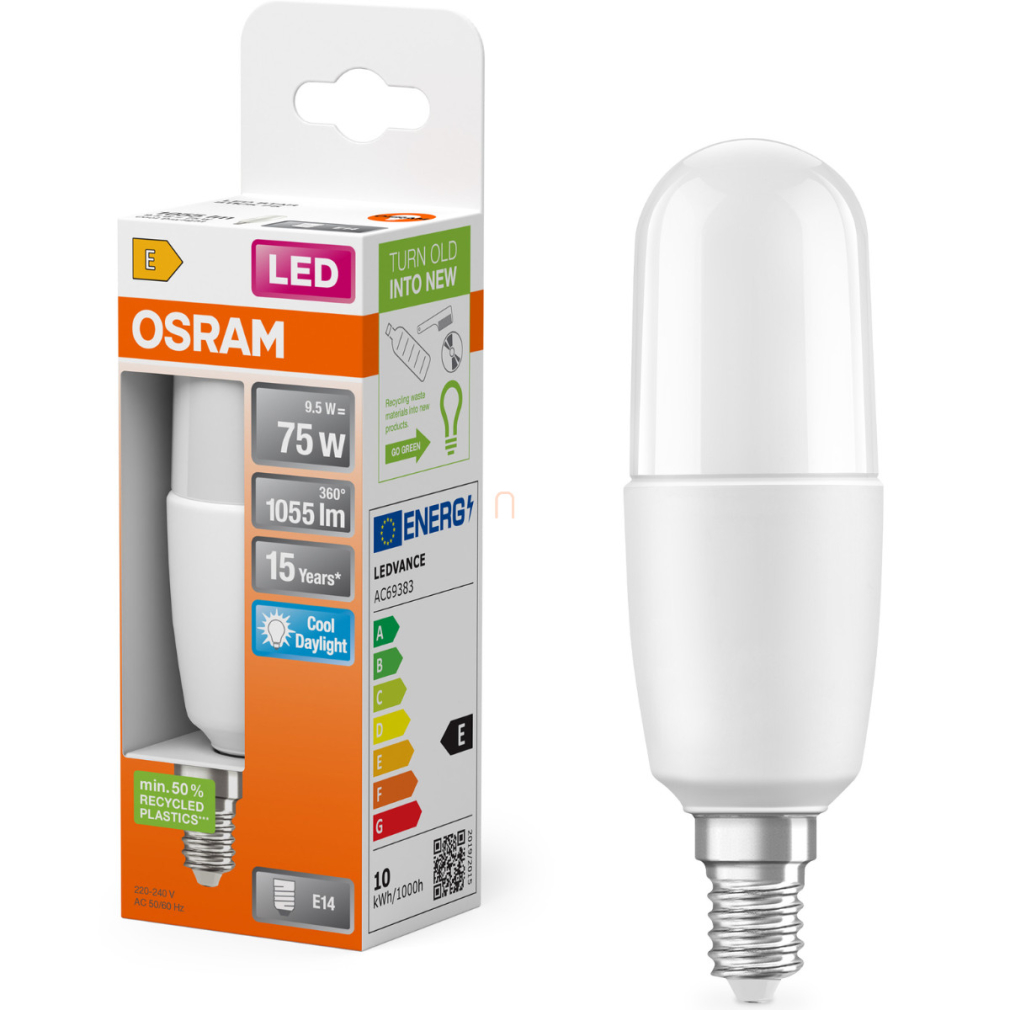Osram E14 LED, 9,5W, 1055 lm, 6500 K, daylight, opál műanyag-75 W izzó helyett - Star Classic 