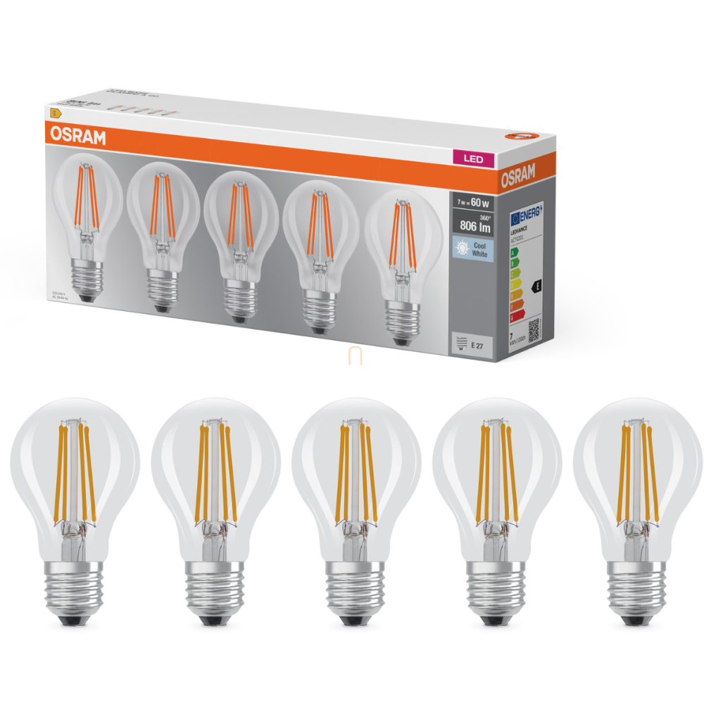 Osram E27 LED 7W, 806 lm, 4000 K, hidegfehér, áttetsző üveg-60 W normál izzó helyett, 5 darabos - Base Classic A 60 filament