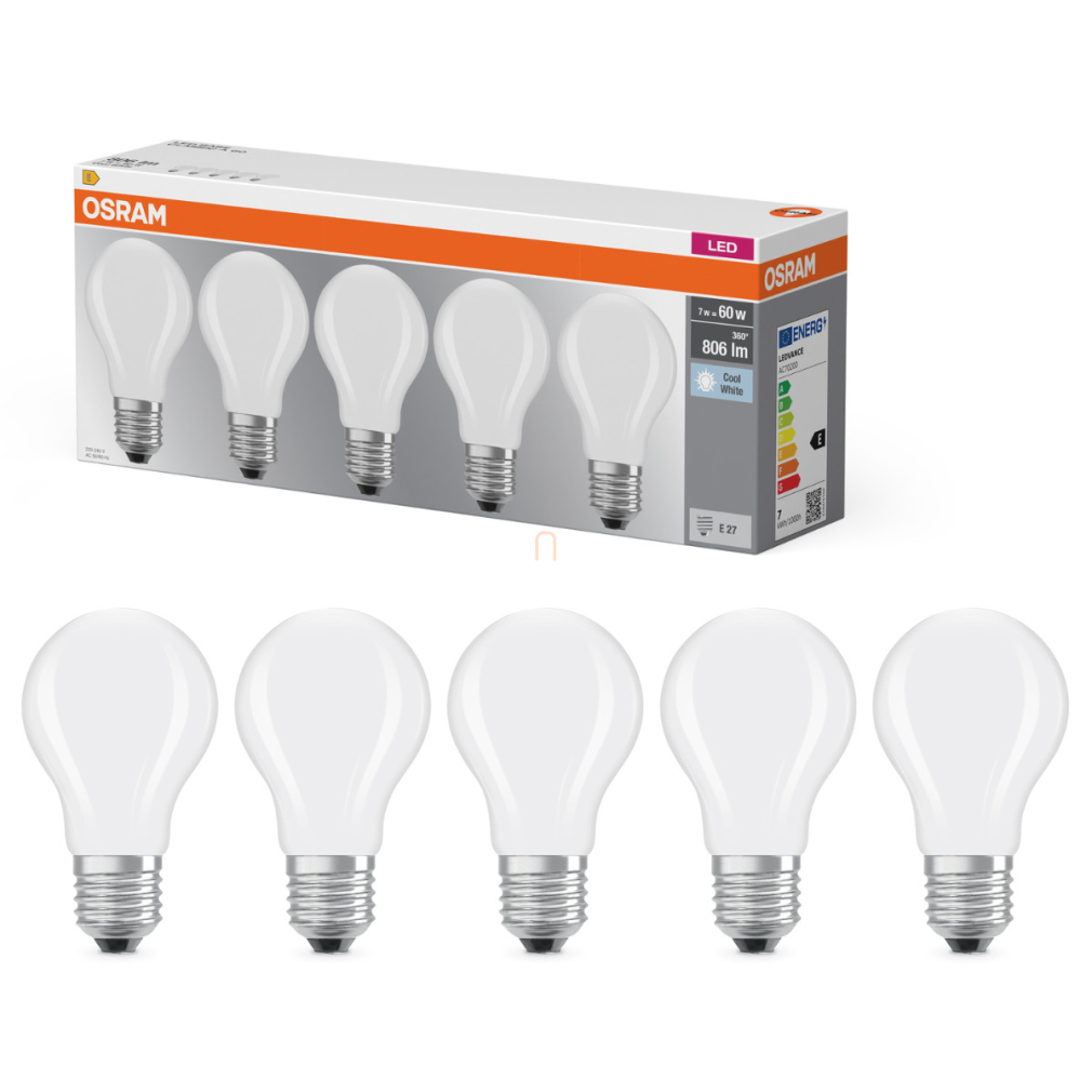 Osram E27 LED 7W, 806 lm, 4000 K, hidegfehér, opál üveg-60 W normál izzó helyett, 5 darabos - Base Classic A