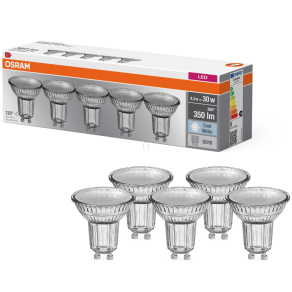   Osram GU10 LED 4,3W, 350 lm, 4000 K, hidegfehér, áttetsző üveg-30 W izzó helyett, 5 darabos - Base Spot PAR16