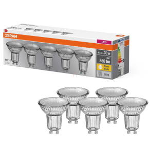   Osram GU10 LED 4,3W, 350 lm, 2700 K, melegfehér, áttetsző üveg-30 W izzó helyett, 5 darabos - Base Spot PAR16